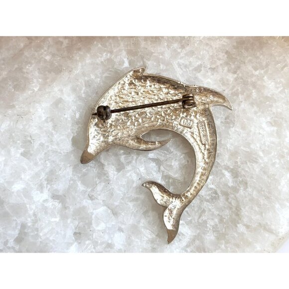 Dolphin Figural Morning Sun Signed Polished Sterling Silver Vintage Brooch - Picture 8 of 10